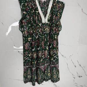 Jude Connally Women's M Green Gold Floral Tunic Dress Trim Beach Cruise Resort